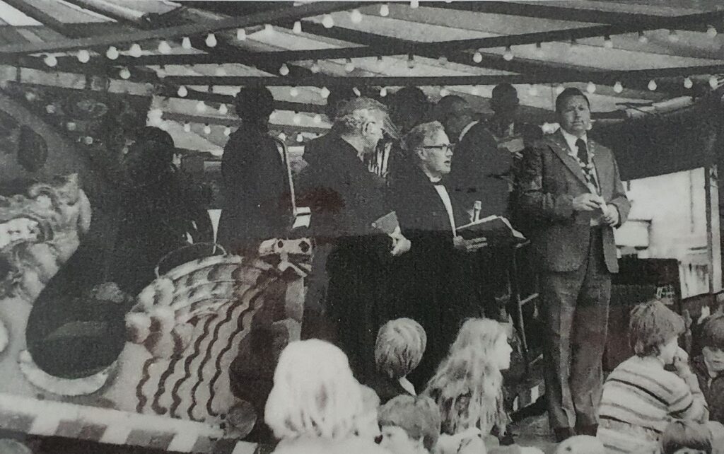 5th June 1977
Aboard Whiting's Chaser. L to R: Methodist Minister, Geoffrey Hawkeridge, the Revd. John Cox and Council Chair, Robert Denton
Photo © 1977 Stan White
Gifted to Rothwell Arts & Heritage Centre