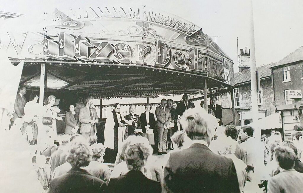 L to R David White, Reverend Paul Rose conducting the Blessing on William Thurston's Waltzer De-Luxe.
Photo © Unknown. Gifted to Rothwell Arts & Heritage Centre