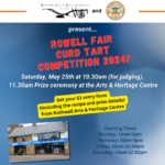 Joint Poster from the RFS and Arts and heritage Centre promoting 2024's Rowell fair Tart Competition. Dark blue background with orange heading plus a photo of the Heritage Centre