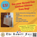 Vibrant orange background featuring a photograph of the 2024 Limited Edition Rowell Fair Tote Bag. Blue writing confirming they are On sale tomorrow from Rothwell Arts & Heritage Centre. In the lower right there is a reminder of the RFS's forthcoming competition: 'Have Tote Will Travel'