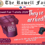 Advert: Rowell Fair 2026 T-shirts have arrived. Image of maroon T-Shirts, Rowell Fair Masthead feauring logo and social media icons