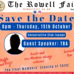 The Rowell Fair Society advertising 'Save the Date' as a bold blue heading, explaining details of the final Members' Evening of 2026. Orange pastel background showing date and time and a silhouette of the guest speaker (yet to be announced)